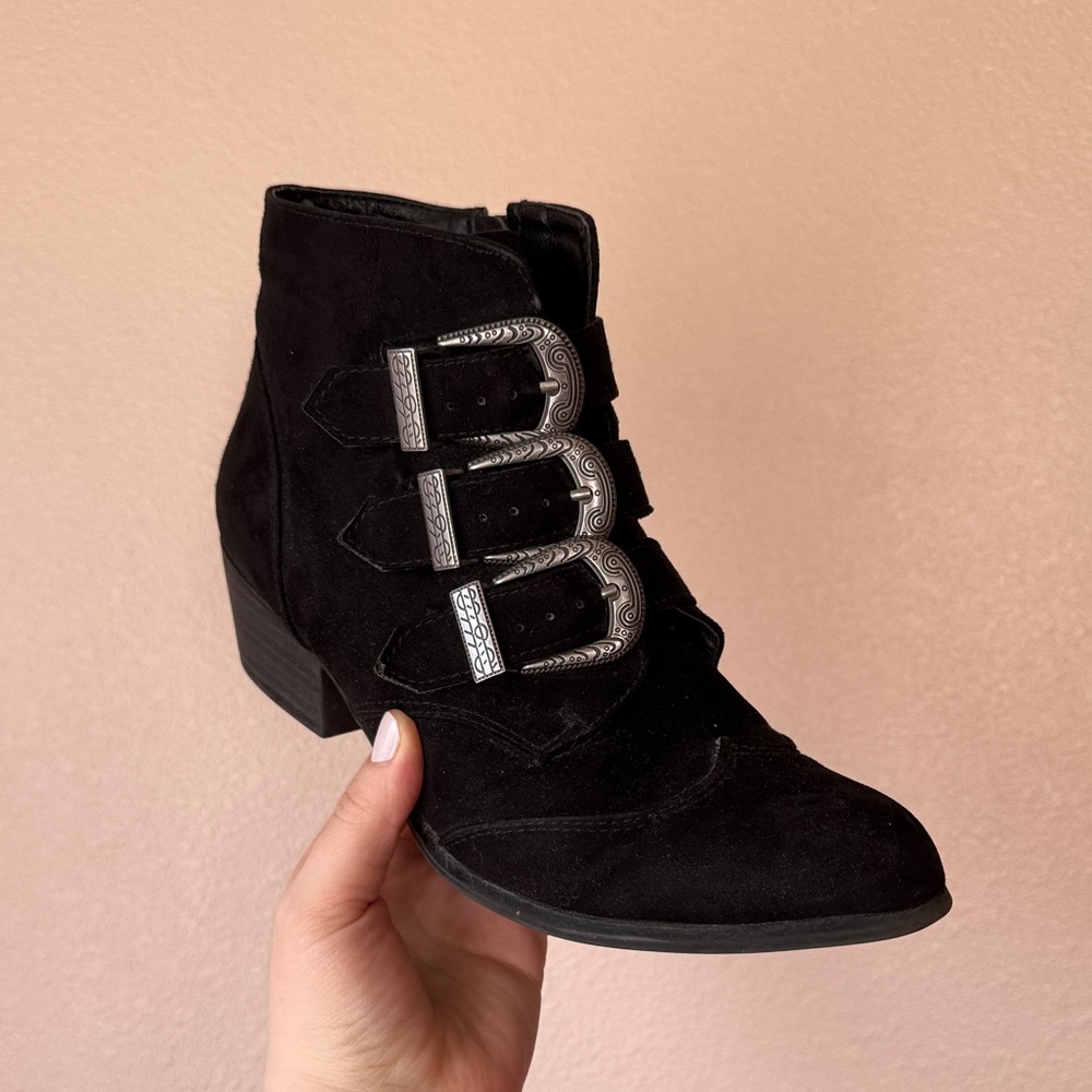 SO Black Suede Ankle Boots with Triple Buckles